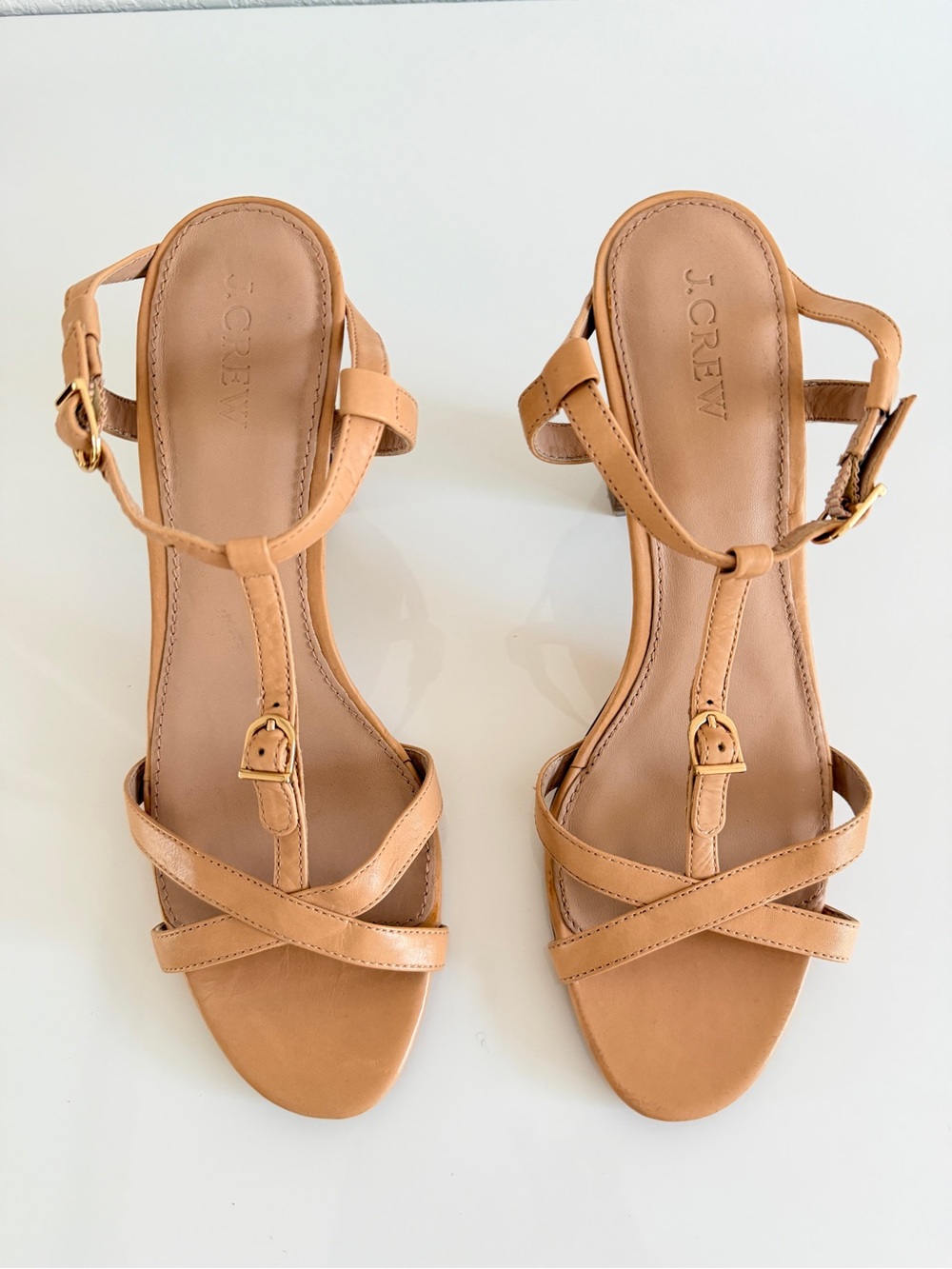 J. Crew Tan Leather T-Strap Block Heel Sandal